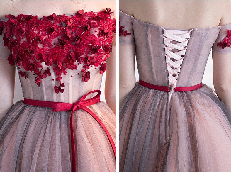 Burgundy Off Shoulder Short/Mini Cocktail Dress With Flower Lace-up Wedding Dress - Ombreprom