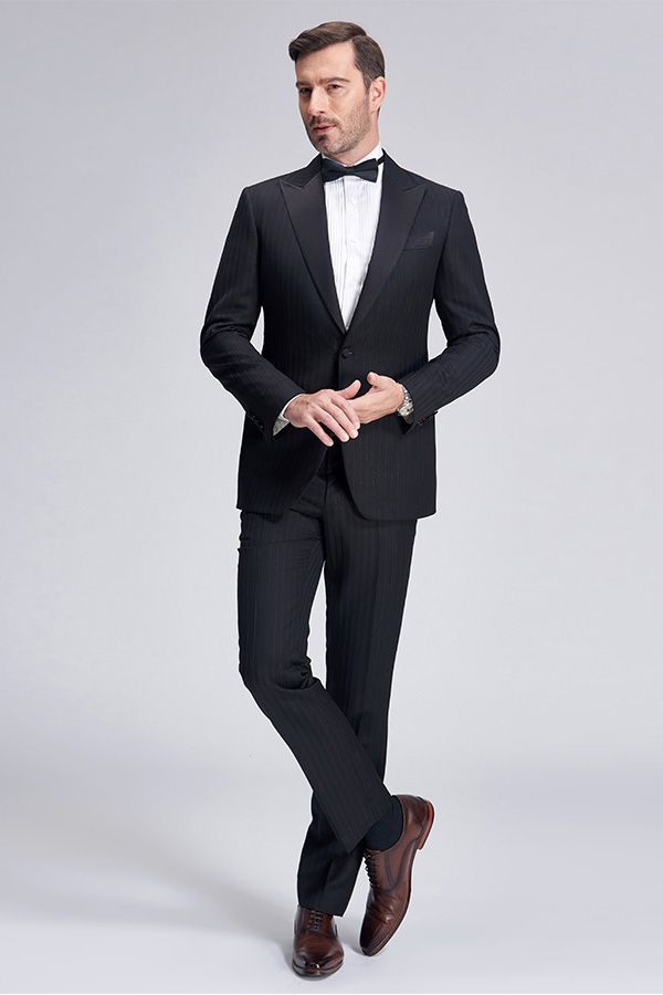 Unique Silk Peak Lapel Black Mens Suits for Wedding One Button Stripes Wedding Tuxedo-showprettydress