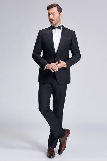 Unique Silk Peak Lapel Black Mens Suits for Wedding One Button Stripes Wedding Tuxedo-showprettydress