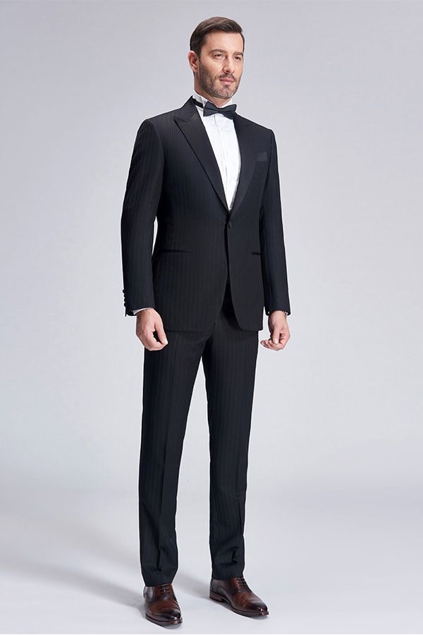 Unique Silk Peak Lapel Black Mens Suits for Wedding One Button Stripes Wedding Tuxedo-showprettydress