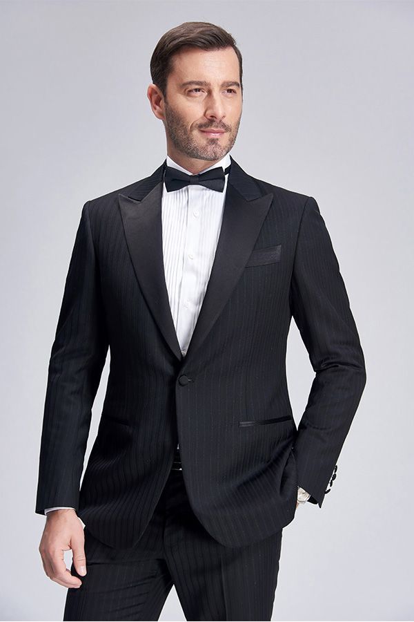 Unique Silk Peak Lapel Black Mens Suits for Wedding One Button Stripes Wedding Tuxedo-showprettydress