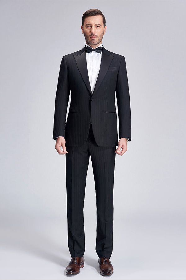 Unique Silk Peak Lapel Black Mens Suits for Wedding One Button Stripes Wedding Tuxedo-showprettydress