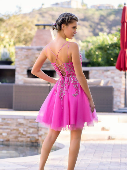 V-neck Applique Lace Back Cutout Mini Homecoming Dress