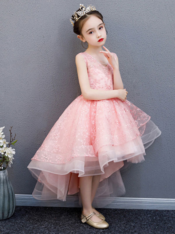 V-Neck Lace Sleeveless Asymmetrical Princess Bows Kids Party Dresses-showprettydress