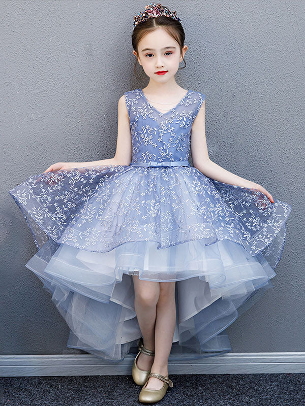 V-Neck Lace Sleeveless Asymmetrical Princess Bows Kids Party Dresses-showprettydress