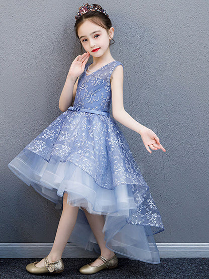 V-Neck Lace Sleeveless Asymmetrical Princess Bows Kids Party Dresses-showprettydress