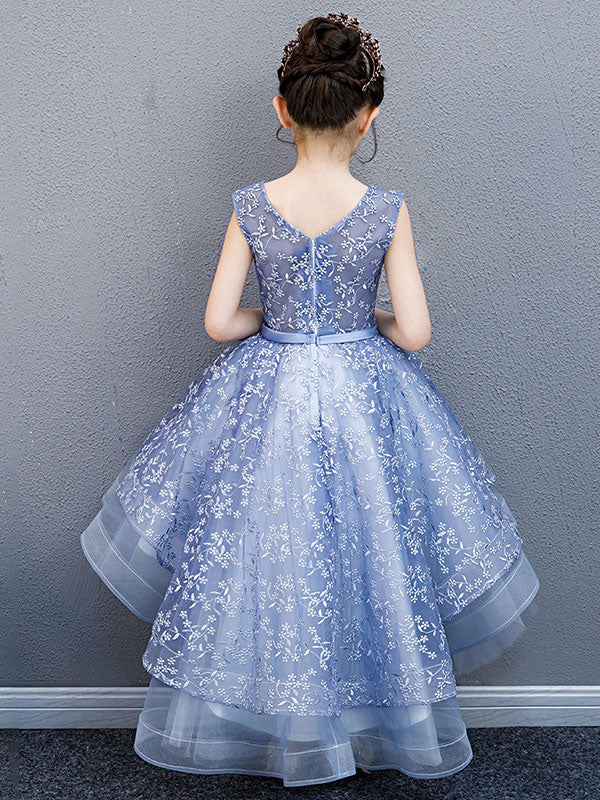 V-Neck Lace Sleeveless Asymmetrical Princess Bows Kids Party Dresses-showprettydress