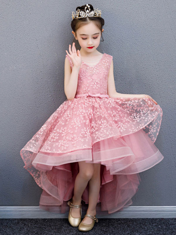 V-Neck Lace Sleeveless Asymmetrical Princess Bows Kids Party Dresses-showprettydress