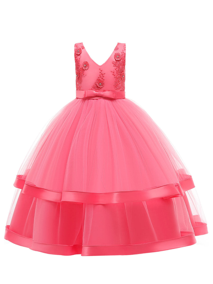 V Neck Polyester Cotton Sleeveless Ankle Length Princess Embroidered Kids Party Dresses-showprettydress