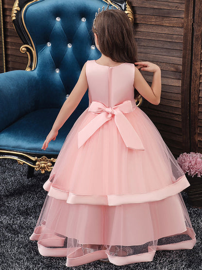 V Neck Polyester Cotton Sleeveless Ankle Length Princess Embroidered Kids Party Dresses-showprettydress