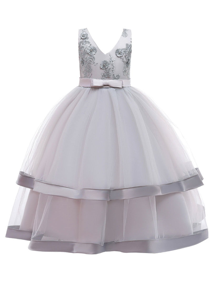 V Neck Polyester Cotton Sleeveless Ankle Length Princess Embroidered Kids Party Dresses-showprettydress