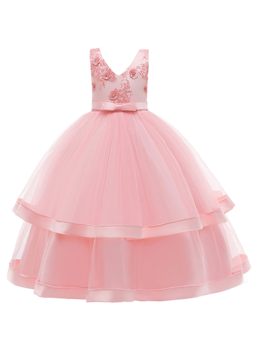 V Neck Polyester Cotton Sleeveless Ankle Length Princess Embroidered Kids Party Dresses-showprettydress