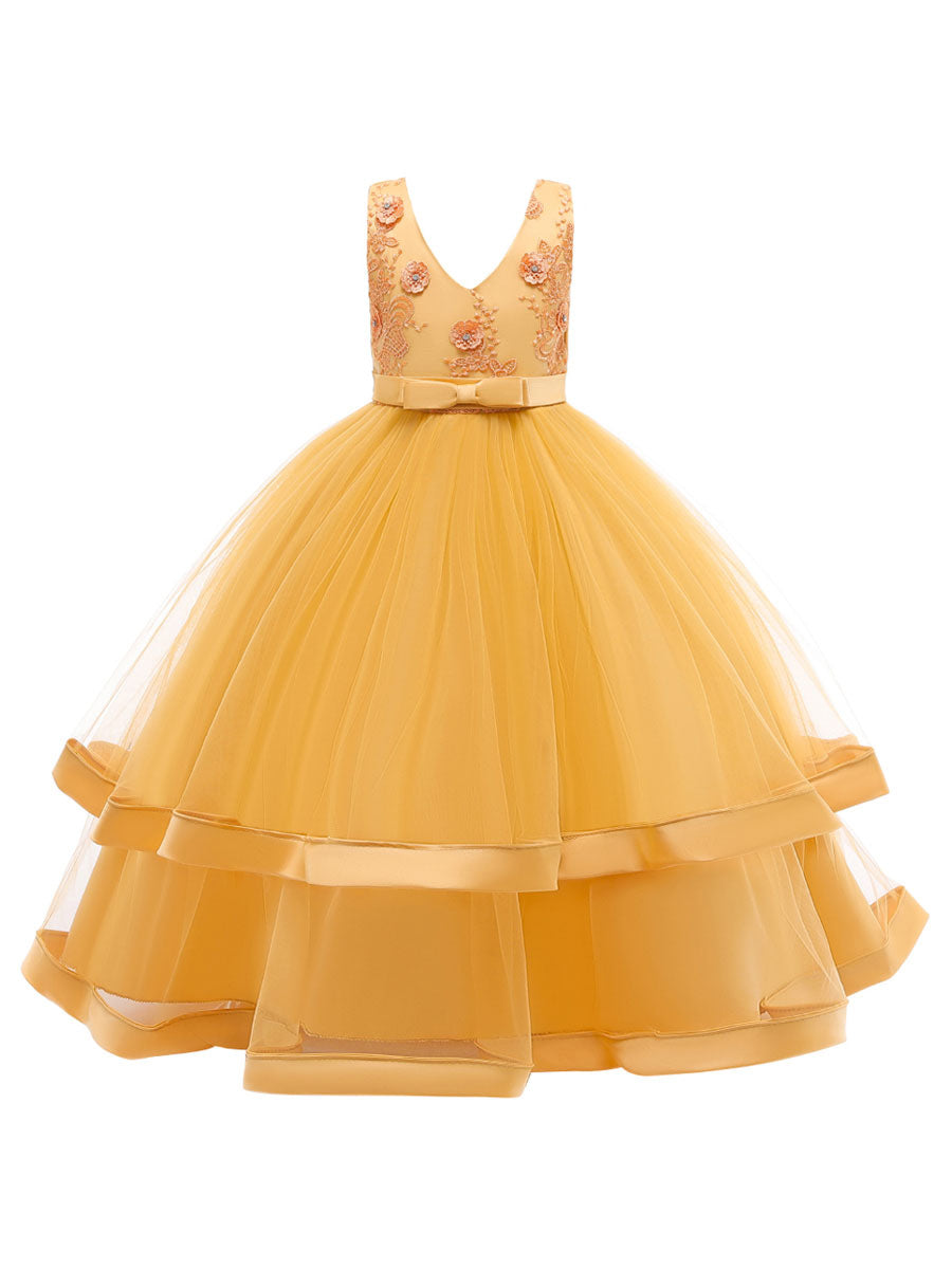 V Neck Polyester Cotton Sleeveless Ankle Length Princess Embroidered Kids Party Dresses-showprettydress