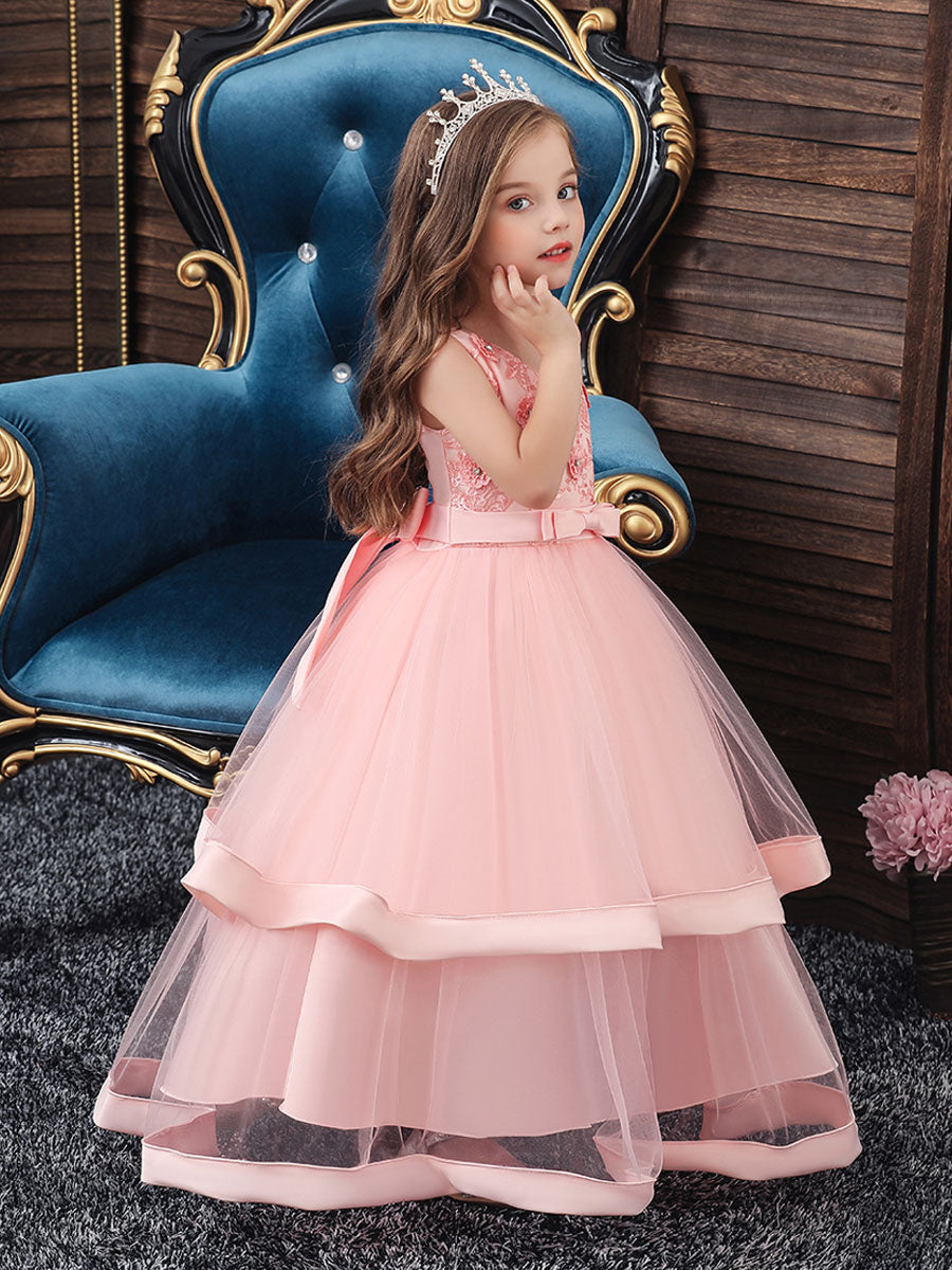 V Neck Polyester Cotton Sleeveless Ankle Length Princess Embroidered Kids Party Dresses-showprettydress