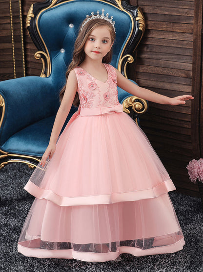 V Neck Polyester Cotton Sleeveless Ankle Length Princess Embroidered Kids Party Dresses-showprettydress