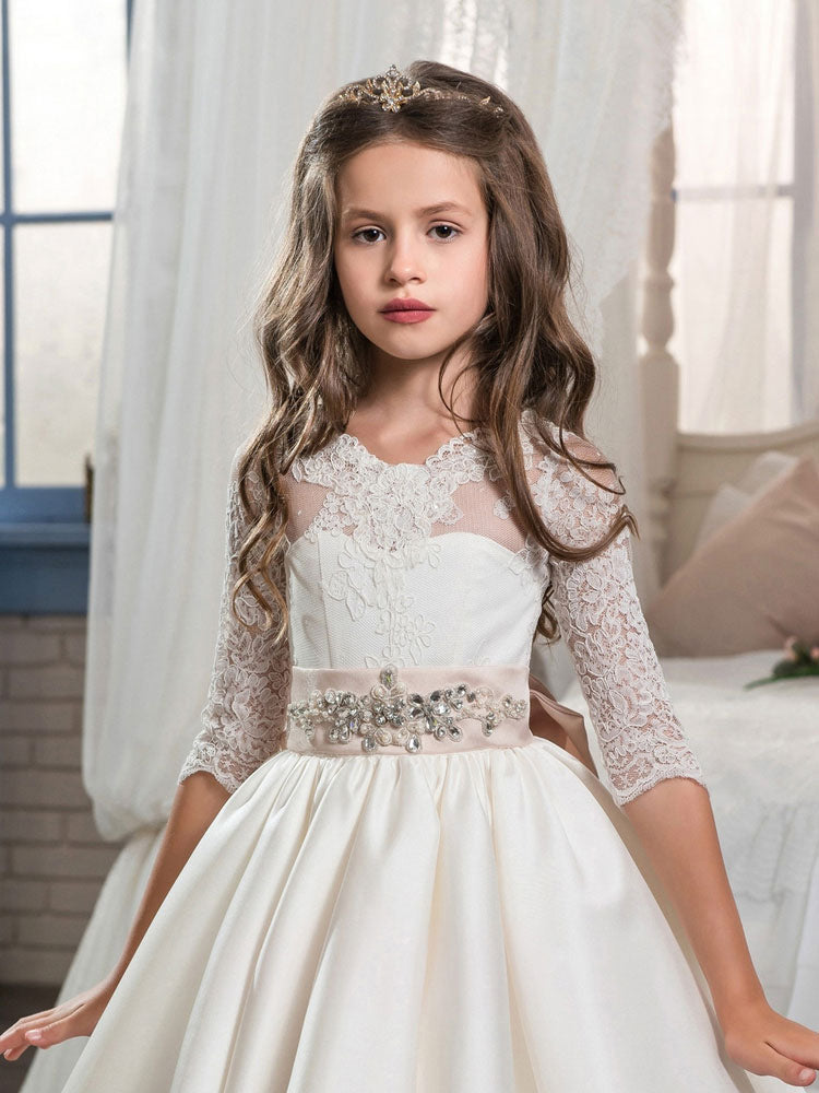 V-Neck Satin Fabric Half Sleeves Floor Length Princess Bows Kids Party Dresses-showprettydress