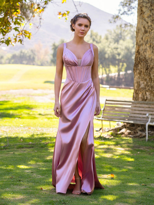 Roycebridal Sheath Pink V-neck Satin Floor Length Prom Dress