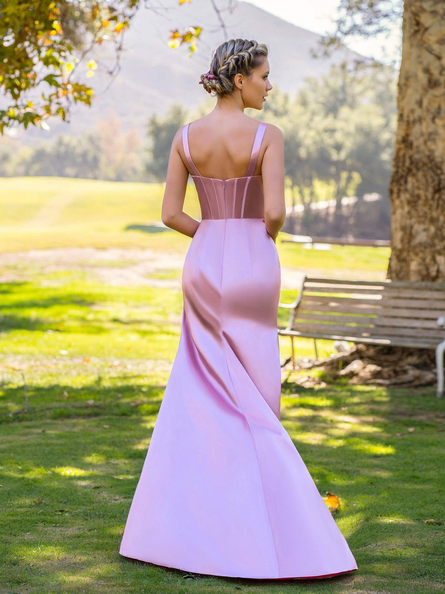 Roycebridal Sheath Pink V-neck Satin Floor Length Prom Dress