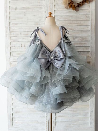 V Neck Sleeveless Flowers Tulle Grey Kids Social Party Dresses-showprettydress