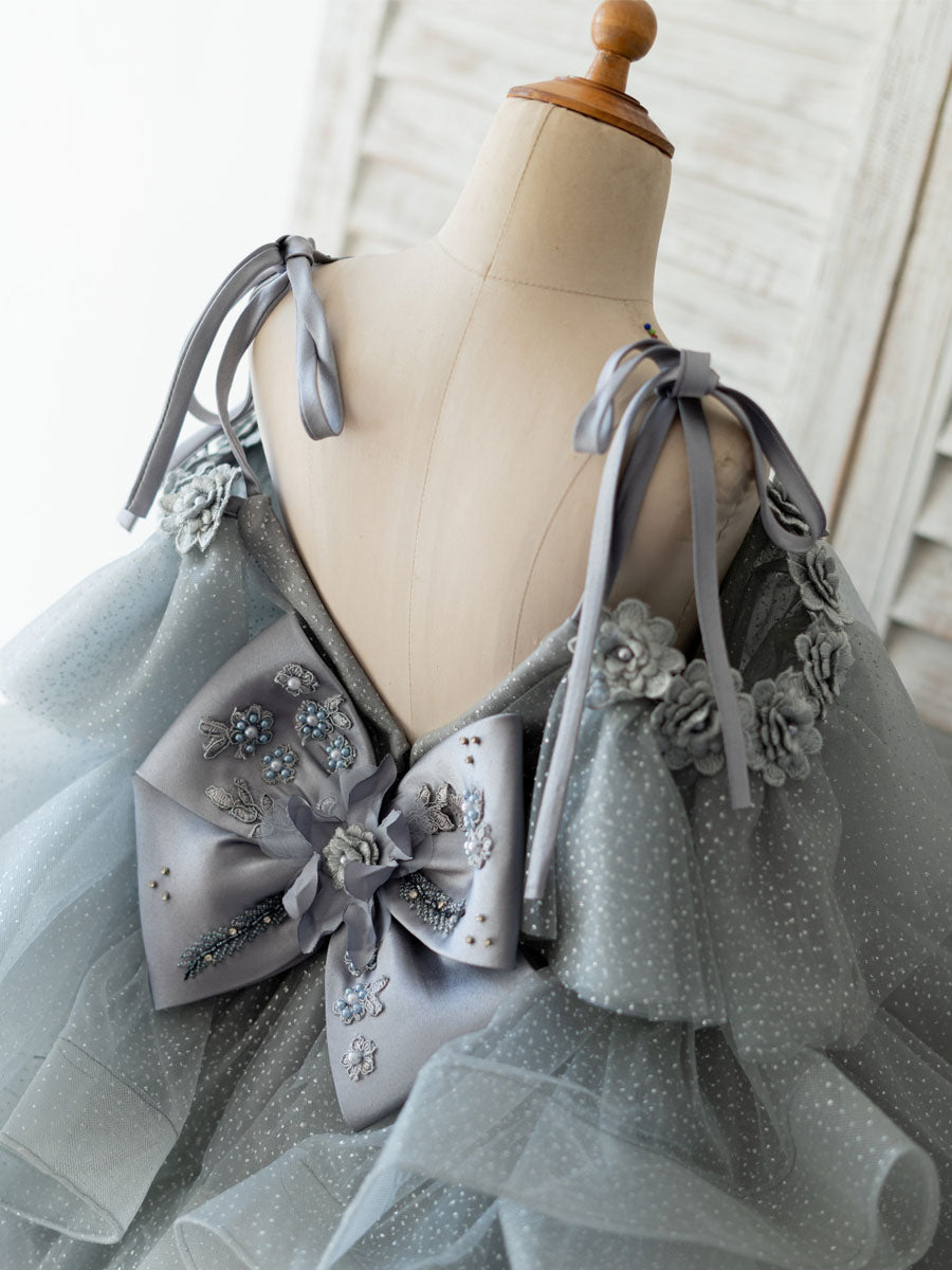 V Neck Sleeveless Flowers Tulle Grey Kids Social Party Dresses-showprettydress