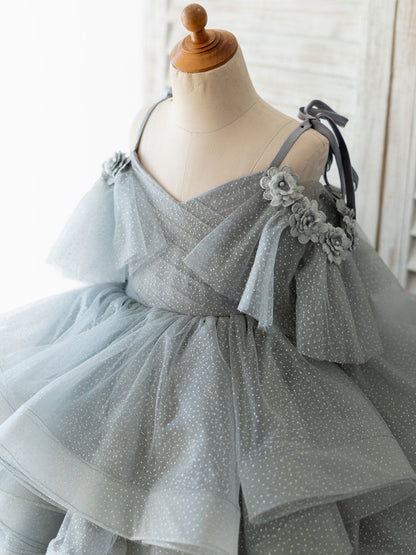 V Neck Sleeveless Flowers Tulle Grey Kids Social Party Dresses-showprettydress