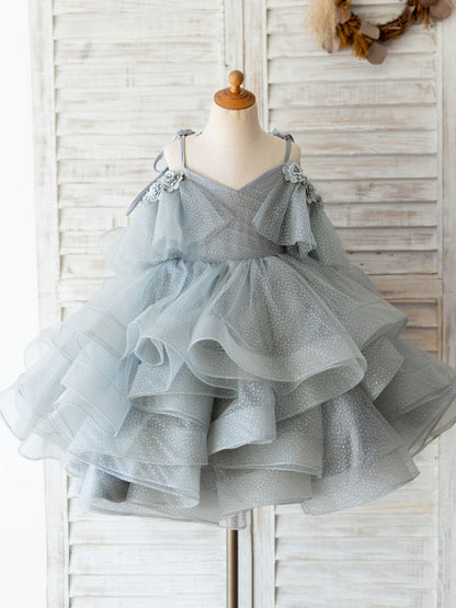 V Neck Sleeveless Flowers Tulle Grey Kids Social Party Dresses-showprettydress