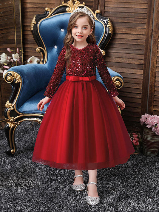 V-Neck Tulle Long Sleeves Ankle-Length A-Line Bows Burgundy Kids Social Party Dresses-showprettydress