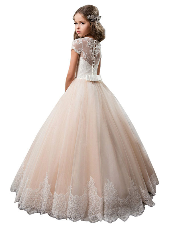 V-Neck Tulle Short Sleeves Ankle Length Ball Gown Bows Kids Pageant flower girl dresses-showprettydress