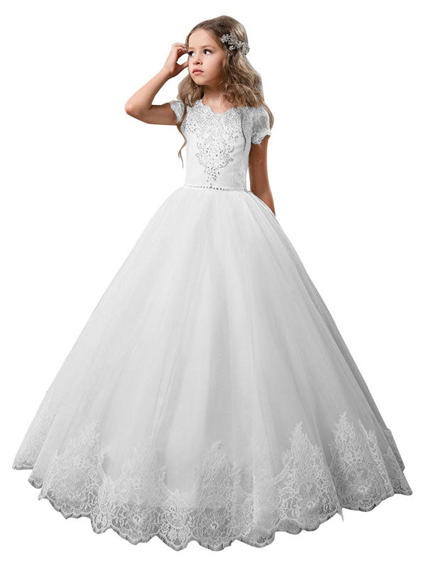 V-Neck Tulle Short Sleeves Ankle Length Ball Gown Bows Kids Pageant flower girl dresses-showprettydress