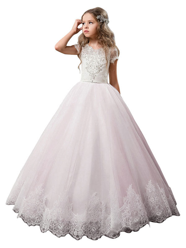 V-Neck Tulle Short Sleeves Ankle Length Ball Gown Bows Kids Pageant flower girl dresses-showprettydress