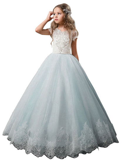 V-Neck Tulle Short Sleeves Ankle Length Ball Gown Bows Kids Pageant flower girl dresses-showprettydress