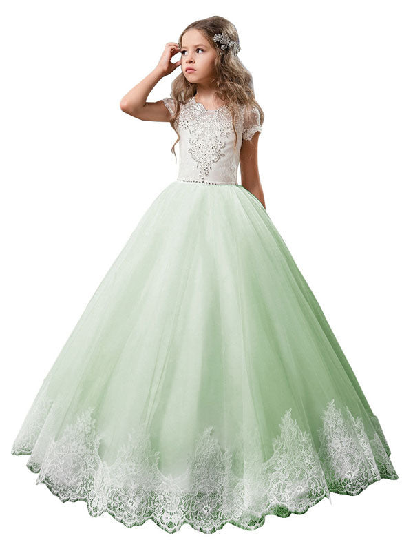 V-Neck Tulle Short Sleeves Ankle Length Ball Gown Bows Kids Pageant flower girl dresses-showprettydress