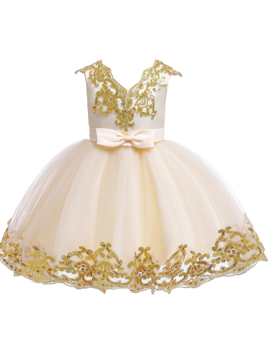 V-Neck Tulle Short Sleeves Short Princess Embroidered Kids Party Dresses-showprettydress