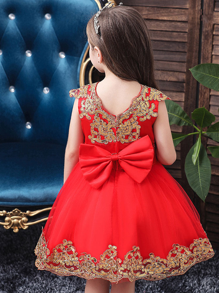 V-Neck Tulle Short Sleeves Short Princess Embroidered Kids Party Dresses-showprettydress