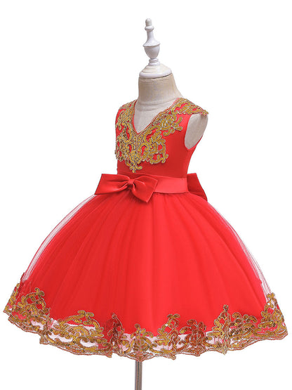 V-Neck Tulle Short Sleeves Short Princess Embroidered Kids Party Dresses-showprettydress