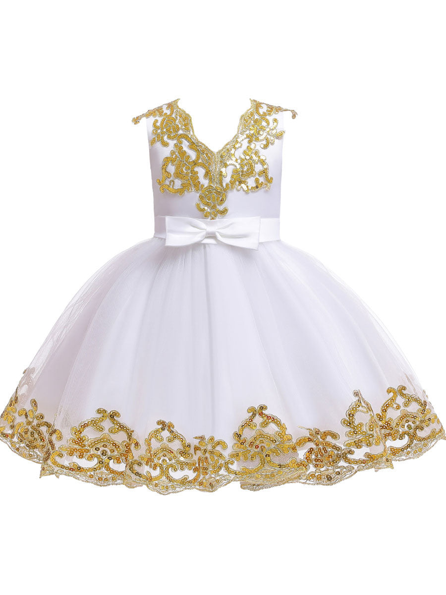 V-Neck Tulle Short Sleeves Short Princess Embroidered Kids Party Dresses-showprettydress