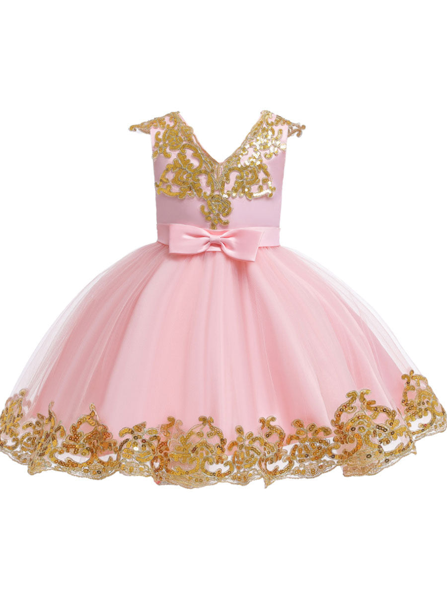 V-Neck Tulle Short Sleeves Short Princess Embroidered Kids Party Dresses-showprettydress