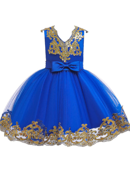 V-Neck Tulle Short Sleeves Short Princess Embroidered Kids Party Dresses-showprettydress