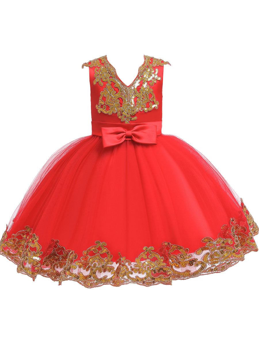 V-Neck Tulle Short Sleeves Short Princess Embroidered Kids Party Dresses-showprettydress