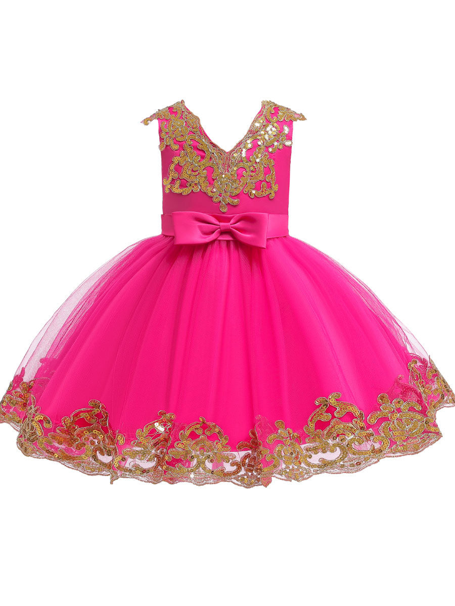 V-Neck Tulle Short Sleeves Short Princess Embroidered Kids Party Dresses-showprettydress