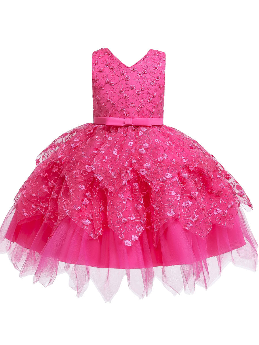 V Neck Tulle Sleeveless Short Princess Flowers Kids Social Party Dresses-showprettydress