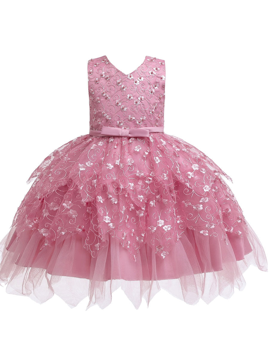 V Neck Tulle Sleeveless Short Princess Flowers Kids Social Party Dresses-showprettydress