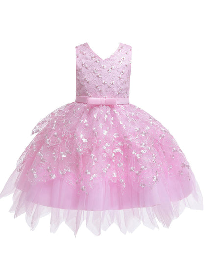 V Neck Tulle Sleeveless Short Princess Flowers Kids Social Party Dresses-showprettydress