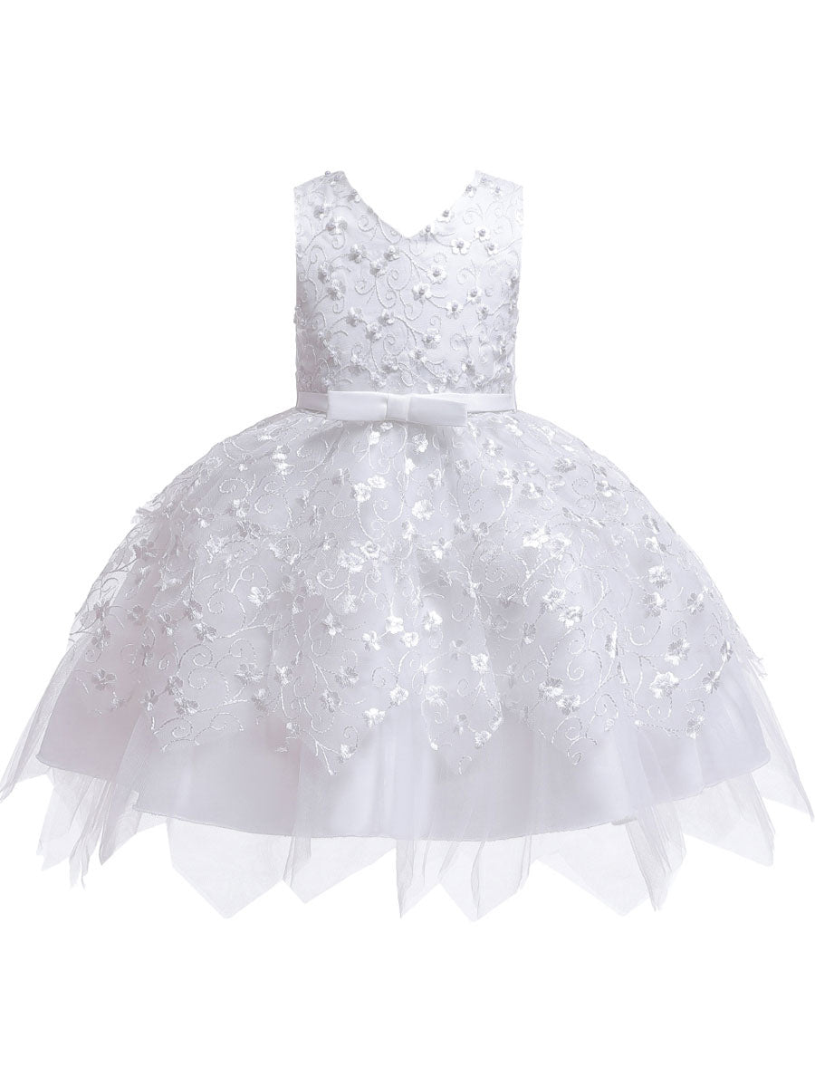 V Neck Tulle Sleeveless Short Princess Flowers Kids Social Party Dresses-showprettydress