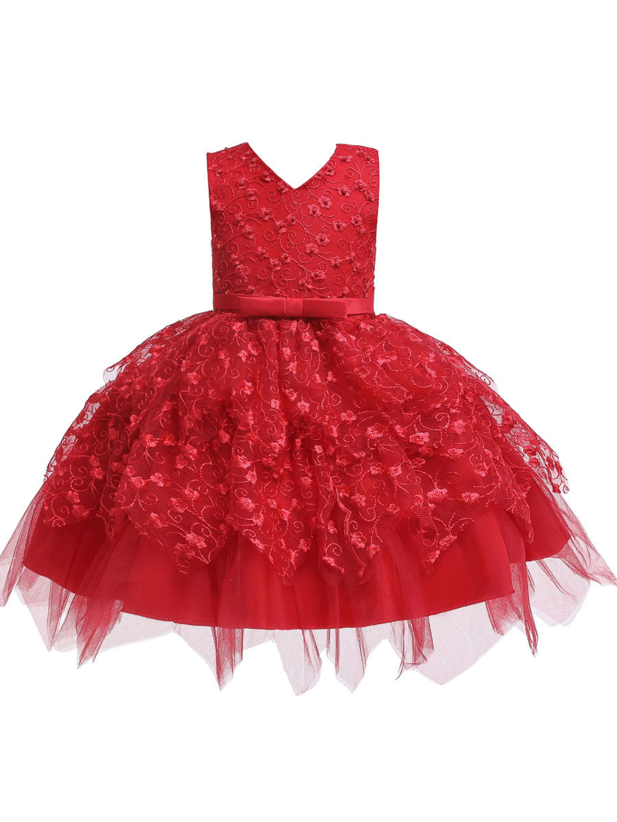 V Neck Tulle Sleeveless Short Princess Flowers Kids Social Party Dresses-showprettydress