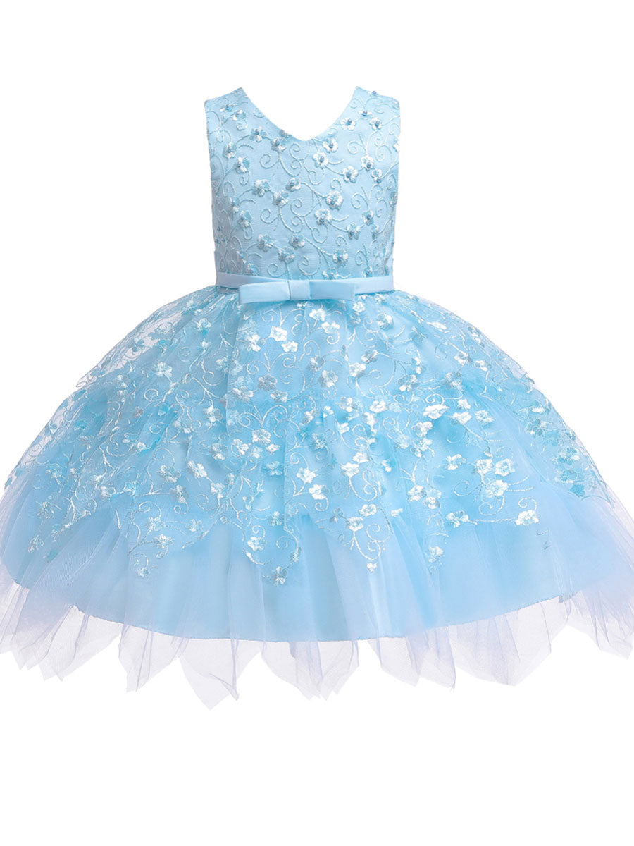 V Neck Tulle Sleeveless Short Princess Flowers Kids Social Party Dresses-showprettydress