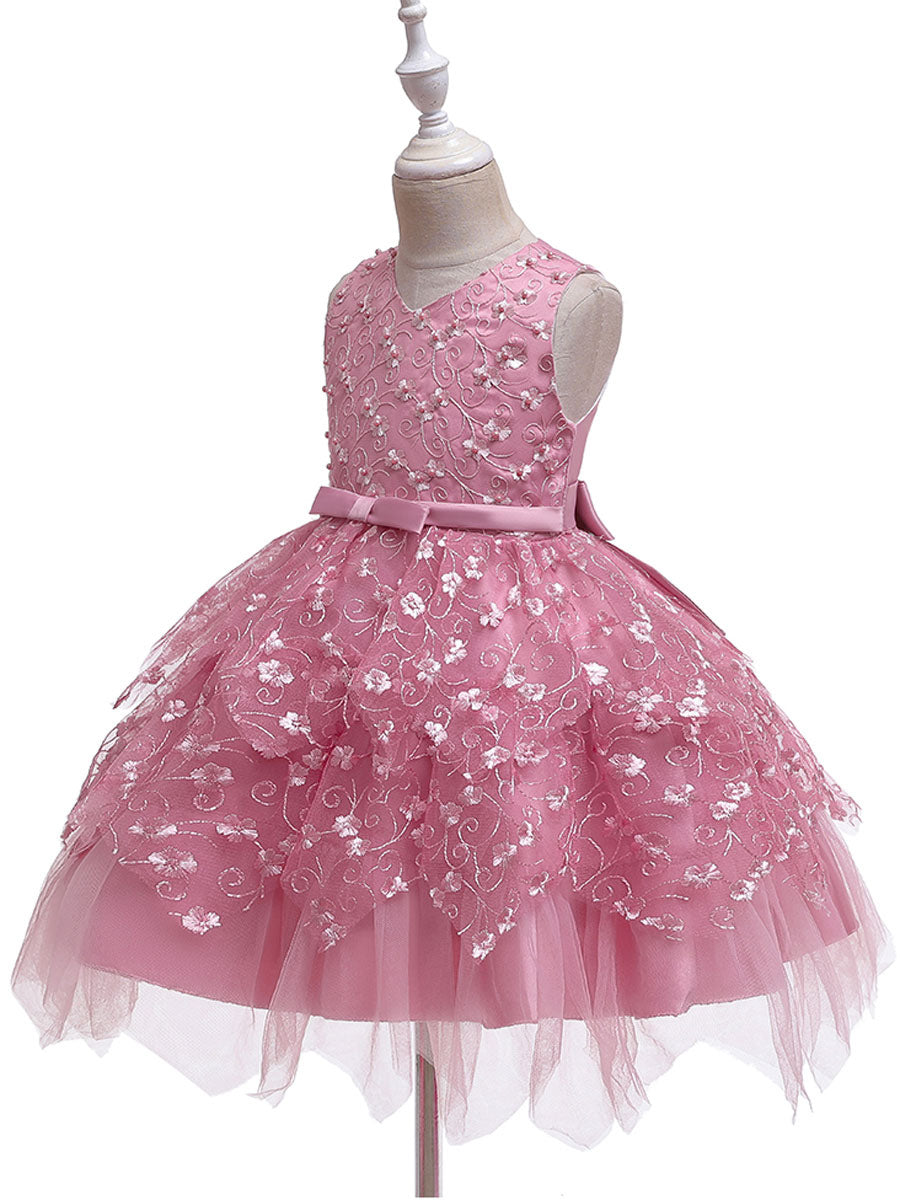 V Neck Tulle Sleeveless Short Princess Flowers Kids Social Party Dresses-showprettydress