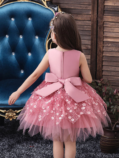 V Neck Tulle Sleeveless Short Princess Flowers Kids Social Party Dresses-showprettydress