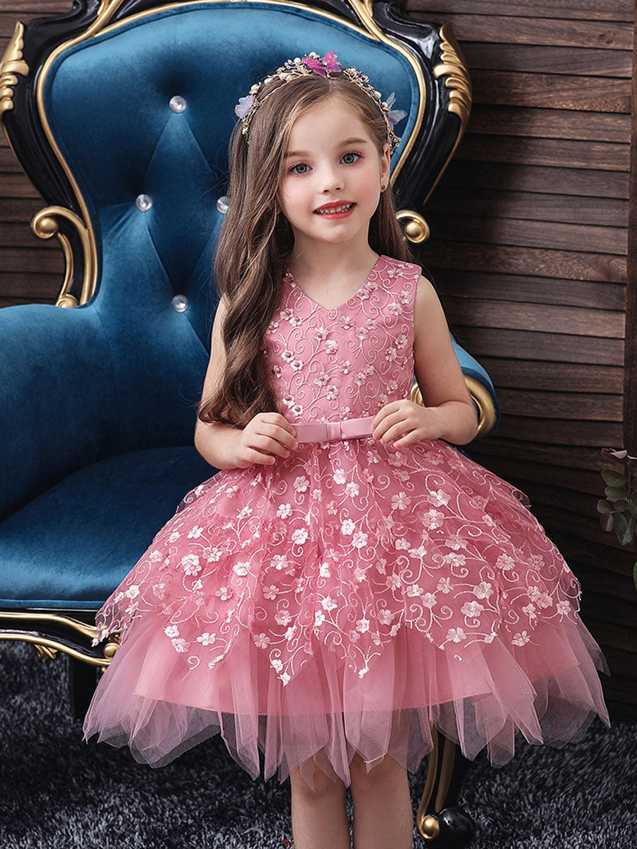 V Neck Tulle Sleeveless Short Princess Flowers Kids Social Party Dresses-showprettydress