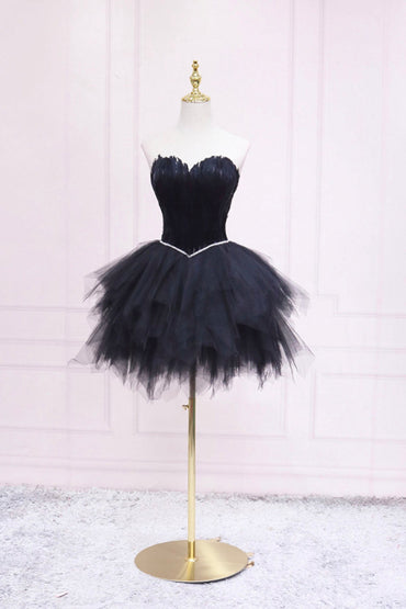 Roycebridal Ila | Black Tulle Short Prom Dress with Feather, A-Line Sweetheart Neckline Party Dress